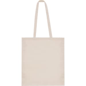 A beige tote bag with two shoulder straps and a blank design, featuring a logo on one side.
