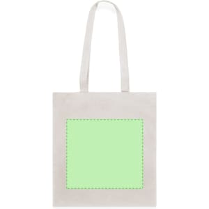 A light grey tote bag with two shoulder straps and a blank green square for custom designs.