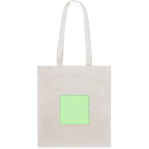 A light grey tote bag with two shoulder straps and a green square area for printing. It features a logo.