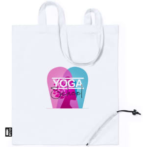 A white reusable grocery bag with a logo featuring pink and blue hearts and the word "Yoga School." It has two handles.