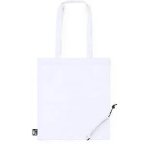 A white foldable tote bag with two handles and a small pouch for storage. It features a logo.