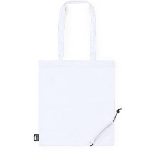 A white foldable reusable grocery bag with shoulder straps, featuring a logo on the side.