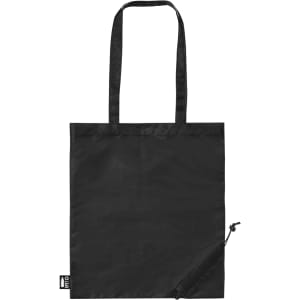 A black foldable reusable grocery bag with two handles and a small zippered compartment. It features a logo.