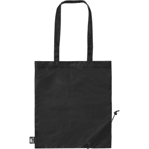 A foldable black reusable grocery bag with long handles and a zippered pocket. Features a logo.
