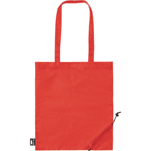 A red foldable reusable grocery bag with two long handles and a zippered pocket on the side. Features a logo.