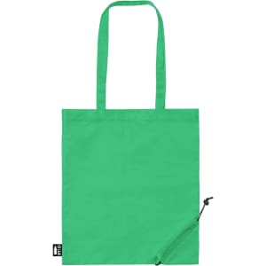 A green foldable bag with two handles and a zipped pocket, featuring a logo on the lower corner.