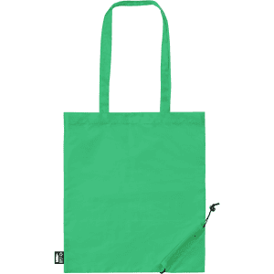 A green foldable tote bag with two straps and a zipper pocket. It features a logo on the side.