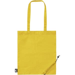 A yellow foldable reusable grocery bag with two handles and a zippered pocket for easy storage.
