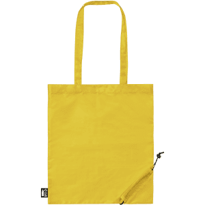 A yellow foldable reusable grocery bag with long handles and a small zipped pocket. It features a logo.