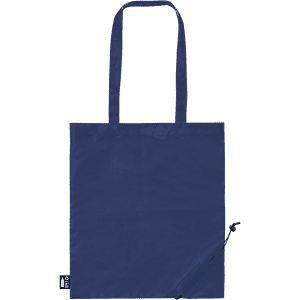 A navy foldable bag with long handles and a small zippered pocket, featuring a logo.