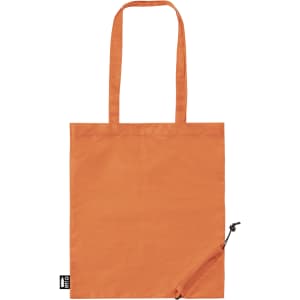 An orange foldable tote bag with two handles and a zippered pocket. It features a logo on the side.