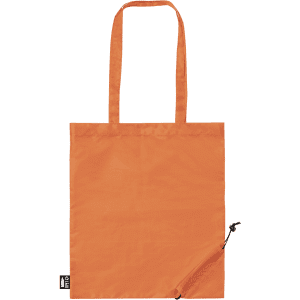 An orange foldable bag with two handles and a zipper pocket, featuring a logo.