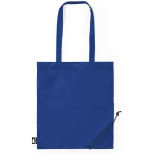 A reusable grocery bag in a rich blue colour, featuring sturdy handles and a compact pouch for storage.