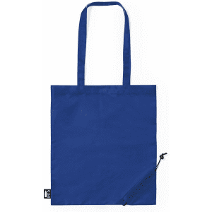 A blue reusable grocery bag with two handles and a zippered pocket for folding. Features a small logo.