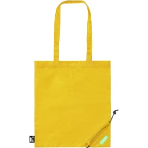 A yellow foldable bag with two handles and a pouch for compact storage. It features a logo on one side.
