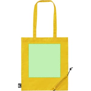 A yellow foldable reusable grocery bag with a blank green area and a small pocket for storage.
