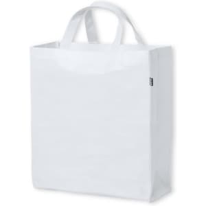 A white reusable grocery bag with two handles and no visible branding.
