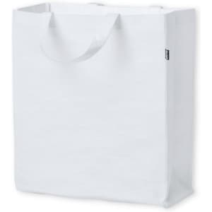 A large white reusable grocery bag with sturdy handles and a branding logo.