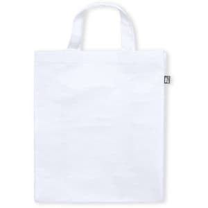 A white reusable grocery bag with two sturdy handles and a small branding label.