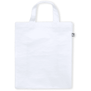 A white reusable grocery bag with two handles and a logo.