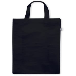 A black reusable grocery bag with sturdy handles and a simple design. It features a logo on the side.