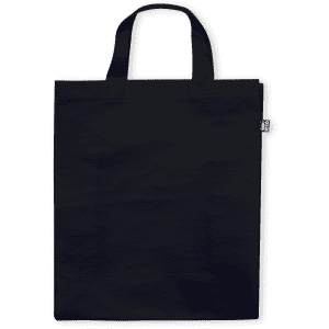 A black reusable grocery bag with two handles and a branding logo. The bag is plain without any patterns.
