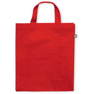 A red reusable grocery bag with two handles and a branding tag.