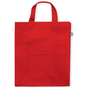 A red reusable grocery bag with two handles and a branding label.