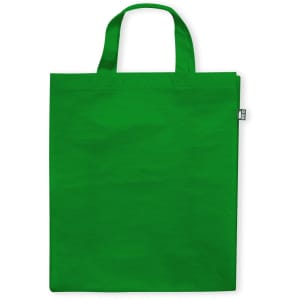 A green reusable grocery bag with two handles and a logo tag on the side.