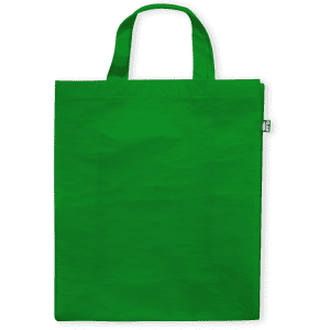 A green reusable grocery bag with two handles and a small logo on the side.