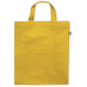 A reusable grocery bag in bright yellow with dual handles and a small logo.