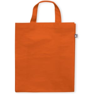 An orange reusable grocery bag with two handles and a branding label on the side.