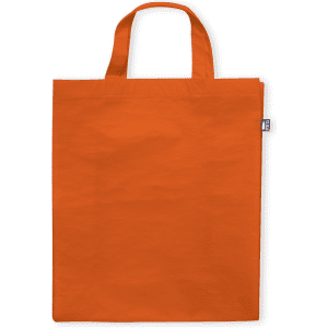 An orange reusable grocery bag with two handles and a small logo on the side.