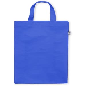 A reusable grocery bag in bright blue with two handles and a small logo tag on the side.