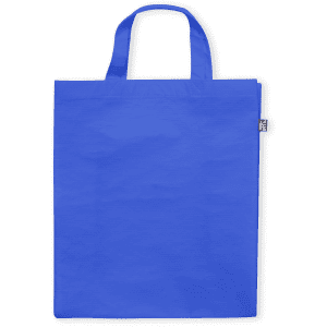 A reusable grocery bag in vibrant blue, featuring two handles and a small logo on the side.
