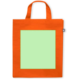 An orange reusable grocery bag featuring a green square outline, with two handles and a logo on the side.