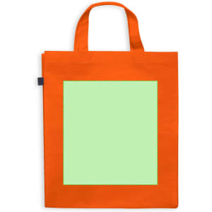 An orange reusable grocery bag featuring a large green blank area, perfect for personalisation. It has sturdy handles and a branding tag.