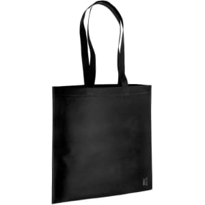 A black tote bag with long handles. It features a branding logo on the side.
