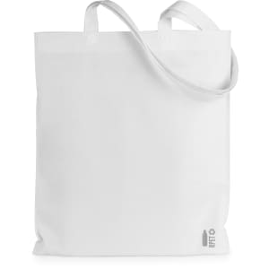 A white tote bag with two shoulder straps and a subtle logo at the bottom.