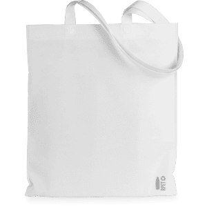 A white tote bag with two handles and a branding logo at the bottom.