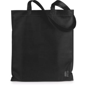 A black tote bag with two handles and a single strap, featuring a logo on the side.