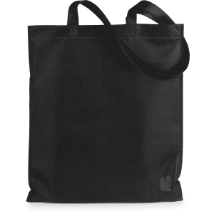 A black tote bag with two handles and a white base, featuring a logo on one side.