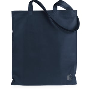 A navy blue tote bag with two handles and a shoulder strap, featuring a logo at the bottom.