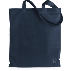 A navy tote bag with two handles and a logo at the bottom. The bag has a simple design.