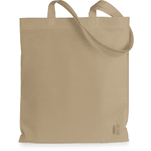 A beige tote bag with two handles and a subtle branding label at the bottom.