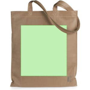 A tan tote bag with a large green area, featuring two handles and a branding logo.