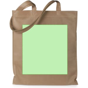 A tan tote bag with two handles and a blank green square area, featuring a logo on the front.