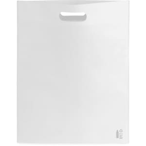 A white bag with a handle, featuring a small logo at the bottom. Ideal for various uses.