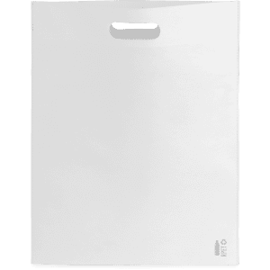 A white bag with a handle and a logo at the bottom. The bag is simple and unadorned.