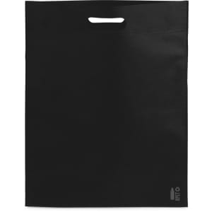 A black bag with a handle and a logo at the bottom. Simple and functional design for various uses.